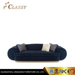 Oval Round Living Room Handcrafted Sofa Set with Golden Finished Base and Microfiber Blue Velvet