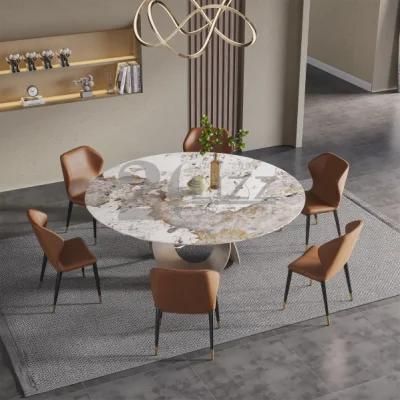 Metal Feet Imported Ceramic Top Round Dining Unique Sintered Stone Table Set with Modern Real Leather Chairs
