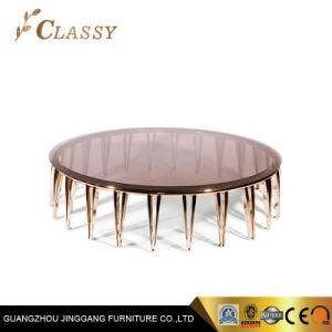 Classy Living Room Furniture Round Smokes Glass Table with V-Shaped Legs