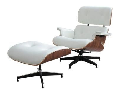 White Leather Classical Style Lounge Chair Ottoman Ash Frame Aluminium Feet