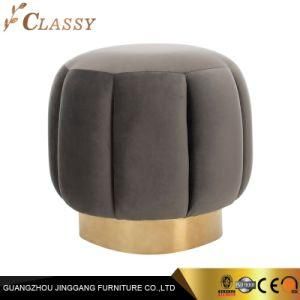 European Grey Color Round Velvet Stools Ottoman with Golden Base for Living Room