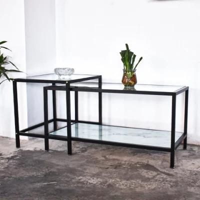 Modern Set of Two Metal Frame Marble Like Tempered Glass Top Nest Coffee Table