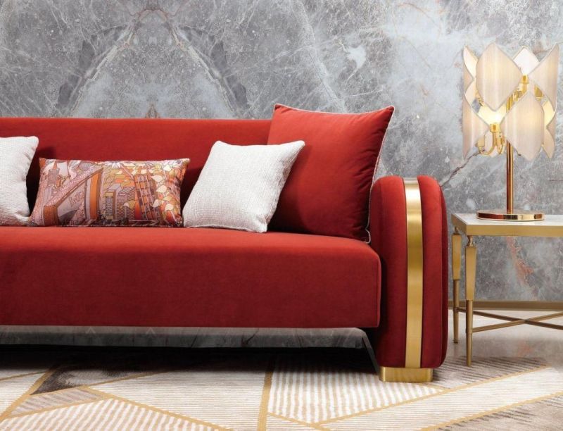 Zhida Home Furniture Factory Wholesale Luxury Design Villa Living Room Sofa Set Red Color Velvet Fabric Sectional Sofa for Hotel Lobby