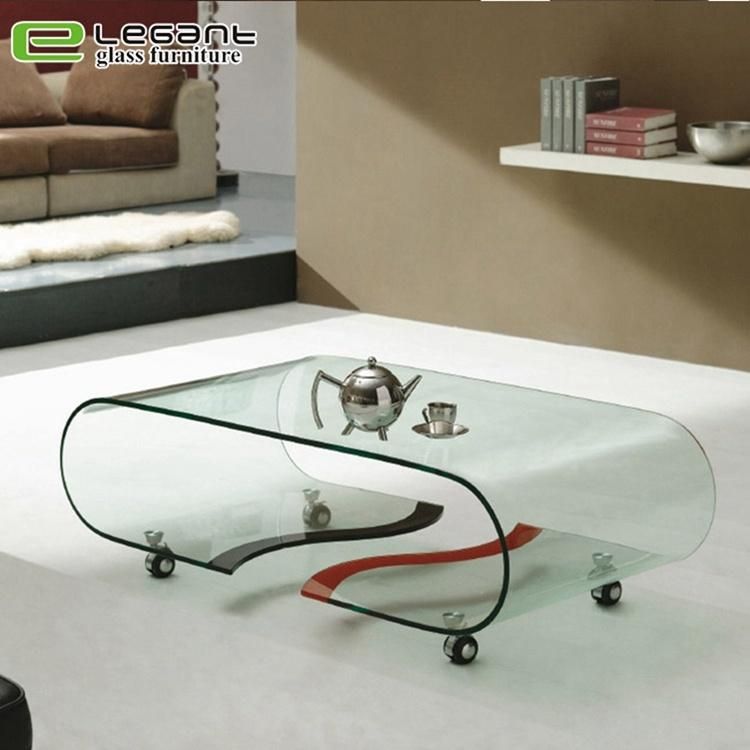 Modern Hot-Bending Glass Coffee Table with Movable Wagon Wheel