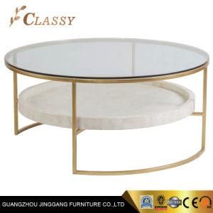 Luxury Round Glass Marble Coffee Table Side Table with 2 Layers