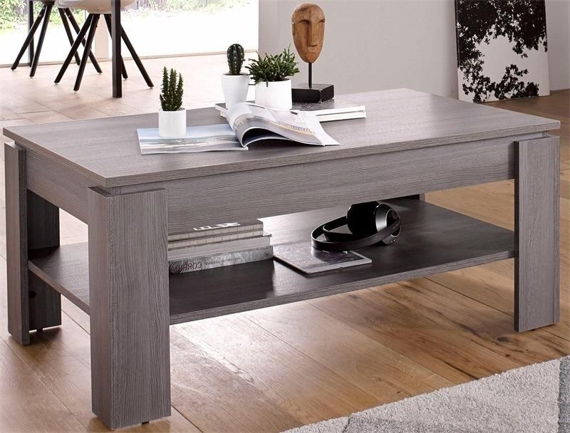 Deep-Colored Two-Layer Wooden Coffee Table with Heavy Feet