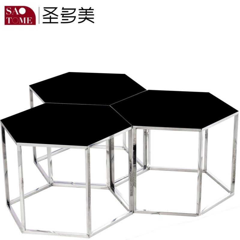Living Room Furniture Stainless Steel Black Glass Nest Table