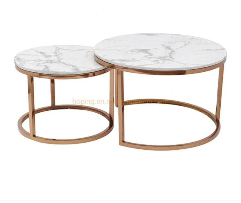 Modern Stainless Steel Metal Coffee Table Set Italian Round White Marble Top Hotel Center Table