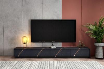Beautiful Design Balck Marble Pattern Stylish Dark Veneer Finish Pinewood TV Table