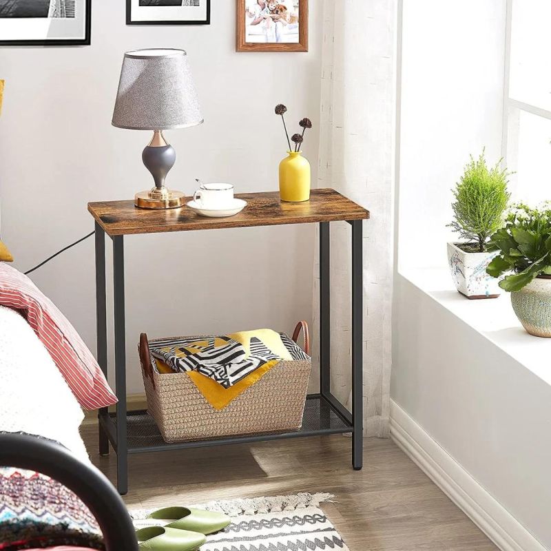 Stable Sturdy Wood Accent Furniture Rustic End Narrow Nightstand Bedside Table with 2 Drawer and Open Storage Shelf