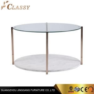 Luxury Home Living Room Round Double Desk Glass and Marble Coffee Table with Metal Frame