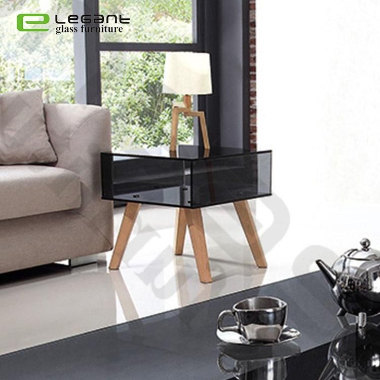 Living Room Modern Glass Small Side Table with Wood Leg