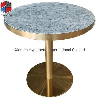Wholesale Viscount White Grey Round Table Granite Top Golden Stainless Steel Trim and Support