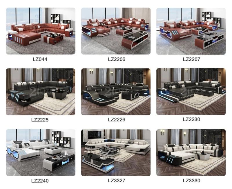 Fashion Home Furniture Living Room LED U Shape Genuine Leather Corner Sofa