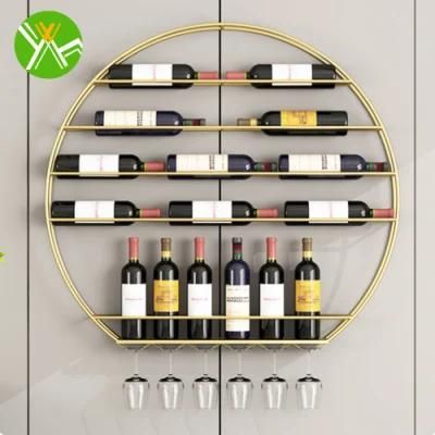 Yuhai Modern High Quality Round Metal Home Decoration Wrought Iron Standing Wine Storage Rack Wall Mounted Bottle &amp; Glass Holder