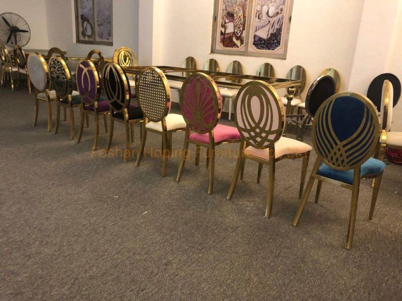 Gold Steel Luxury Stacking Modern Round Back Metal Hotel Restaurant Wedding Banquet Chiavari Dining Chair