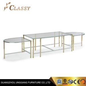 Living Room Hotel Furniture Beveled Tempered Glass Coffee Combined Table in Golden Stainless Steel Metal Legs