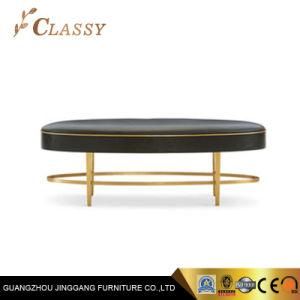 Faux Leather Oval Bench in Stainless Steel Gold Legs and Footrest for Interior Design Project