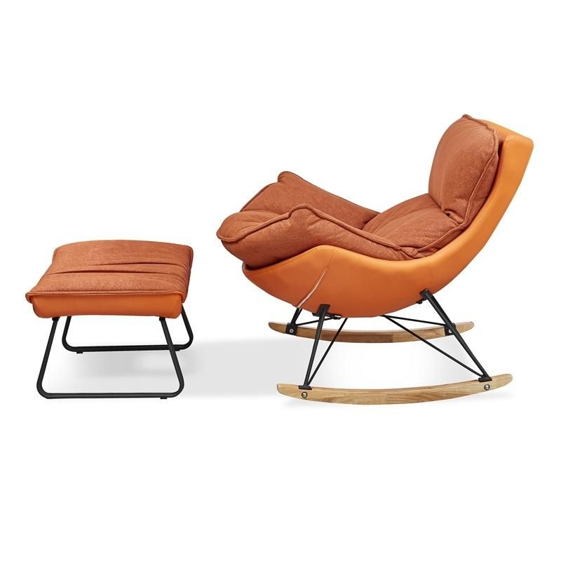 Modern Living Room Furniture Orange Grey Leisure Chair Soft Cushion Leather Fabric Rocking Chair with Footrest Wood Base