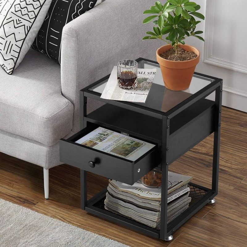 Modern Tempered Glass Cabinet with Drawer and Rustic Shelf Decoration Side Table
