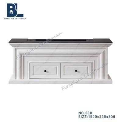 White Wooden Mantel Electric Fireplace Surrounds TV Stand with Black Marble Top