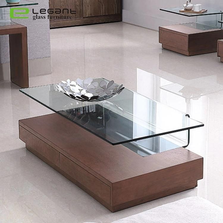 MDF Walnut Wood Glass Coffee Table for Office
