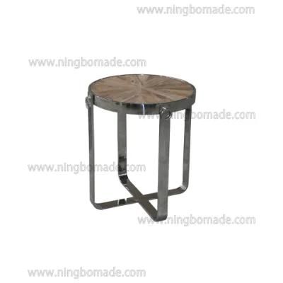 Classic Chic Eco-Friendly Paint Furniture Natural Reclaimed Elm Top Shining Stainless Steel Base Round Corner Table