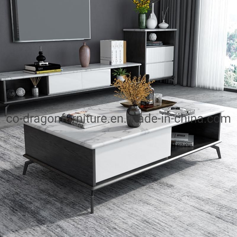 Modern Home Furniture Wooden Plate Coffee Table with Marble Top
