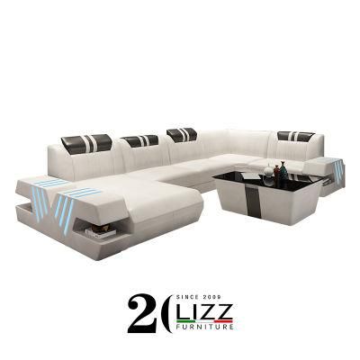 Functional LED Living Room Furniture Leather Sofa Set Sectional Couch Modern U Shape Corner Sofa