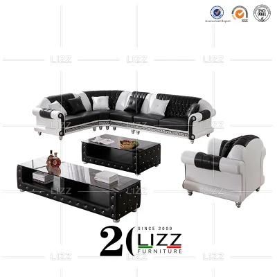 Luxury Living Room Genuine Leather Wooden Sectional Sofa with Coffee Table TV Cabinet