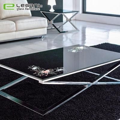 Modern Stainless Steel Based Leg Black Top Glass Coffee Table