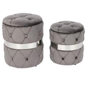 Knobby Factory Price Customized Grey Velvet Round Storage Stool Ottoman