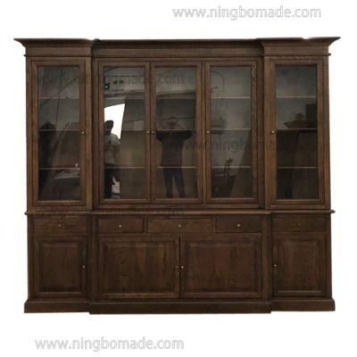 French Classic Provincial Vintage Furniture Coffee Brown Oak Middle Three Doors Bookcase