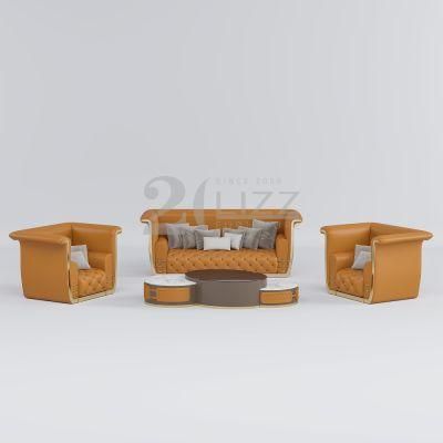 Factory Wholesale Classical Button Stylish Living Room Leather Sofa with Marble Coffee Table