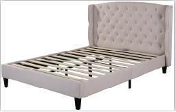 Cheap Price Hot Sale Durable Comfortable Beige Winged Fabric Bed Frame with Crystal Buttons on Headboard