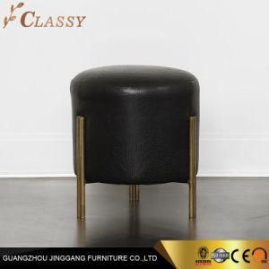 Quality Black Round Leather Foot Stool Ottoman with Golden Metal Legs