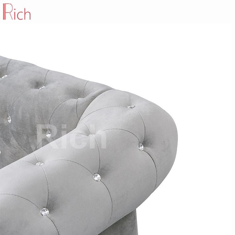 Modern European Living Room Grey Velvet Chesterfield Sofa 2 Seat Knock Down Set Sofa