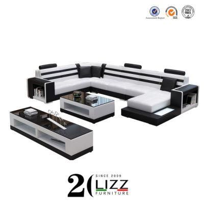 Chinese Home Furniture Italian Leisure Leather Sofa Set with LED Light and Coffee Table