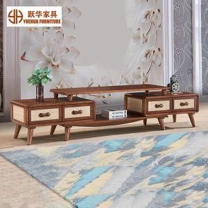 Nordic Solid Wood Living Room TV Cabinet Telescopic TV Stand with Rattan Drawers
