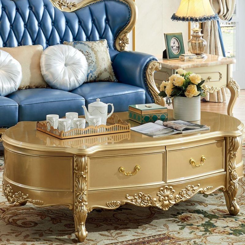 Wood Carved Luxury Leather Sofa for Living Room Furniture