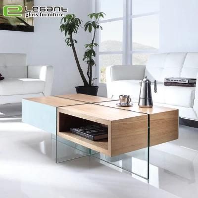 Clear Glass Center Table with White MDF Drawers