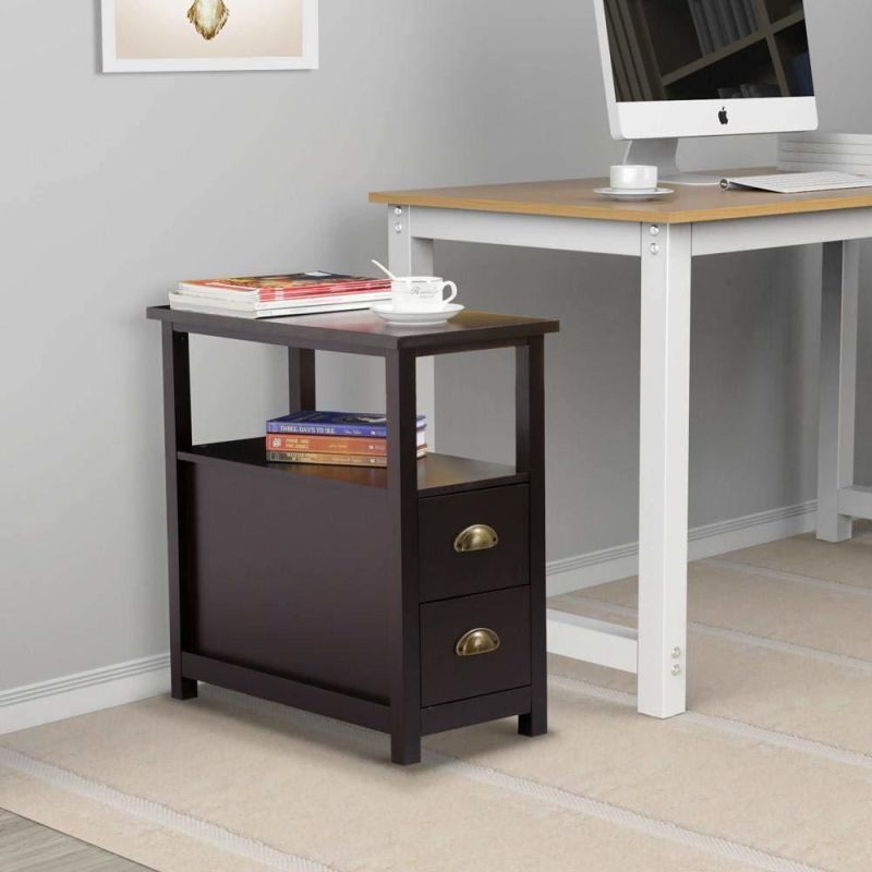 Narrow Chairside Coffee Tables with 2 Drawer and Shelf