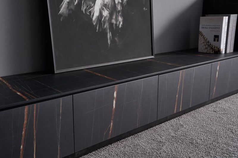 Beautiful Design Balck Marble Pattern Stylish Dark Veneer Finish Pinewood TV Table