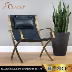 Luxury Modern Leather Leisure Chair with Brass Metal Frame