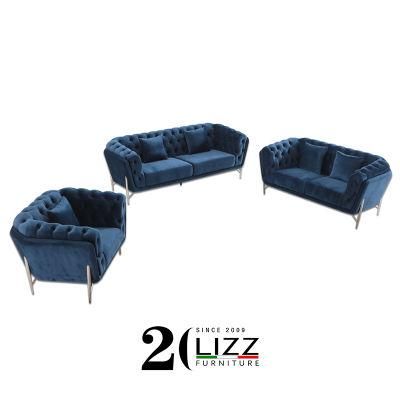 New Arrival Home Furniture Blue Velvet Fabric Upholstered Luxury Tufted Sofa Set