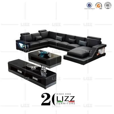 European Newest Design Luxury Leather Living Room Furniture Modern LED Sofa Set with Adjustable Headrest