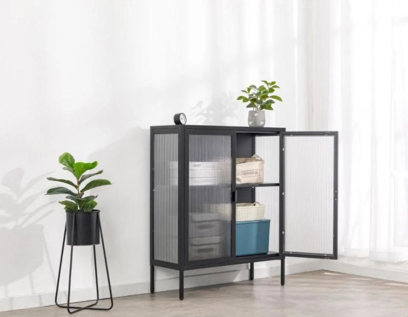 Fluted Ribbed Textured Glass Door and Sides Metal Display Cabinet