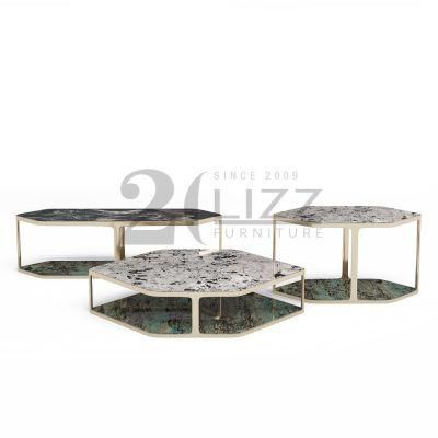 China Living Room Furniture Factory New Modern Design Dingroom Home Luxury Stainless Steel Coffee Table with Marble Glass