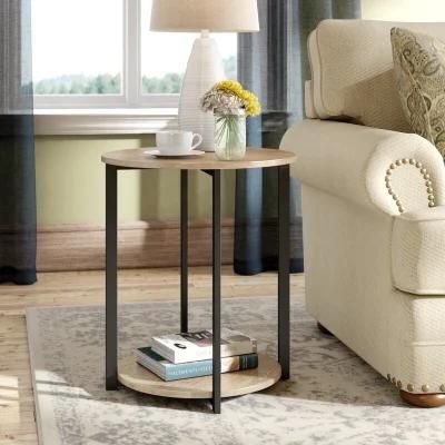 Distressed Gray/Black Modern Round Accent Coffee Tables with Metal Base for Living Room