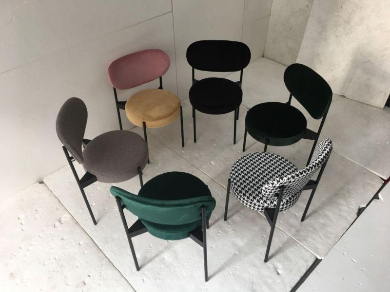 High Quality Coffee Shop Outdoor Furniture Round Velvet Upholstered Metal Frame Dining Chairs
